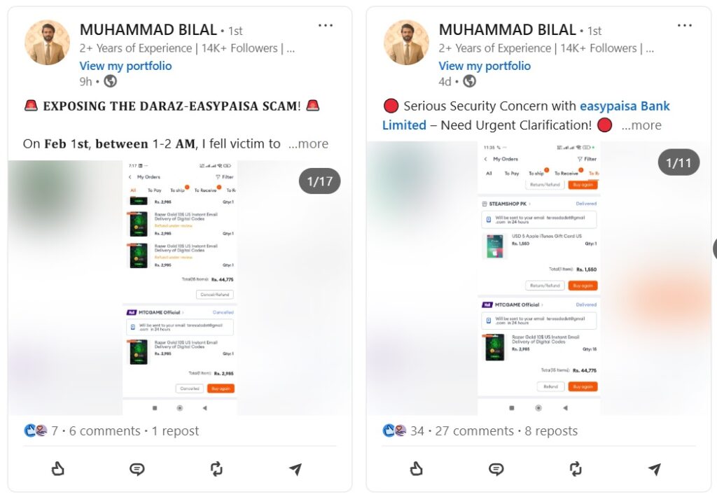 Daraz and Easypaisa Users Report Unauthorized Transactions and Security Breaches